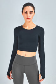 Long Sleeve Workout Crop Tops with Thumb Holes by bornfocus