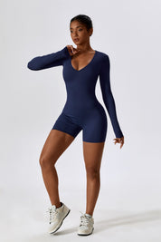 Long Sleeve Plunge Workout Romper Shorts by bornfocus