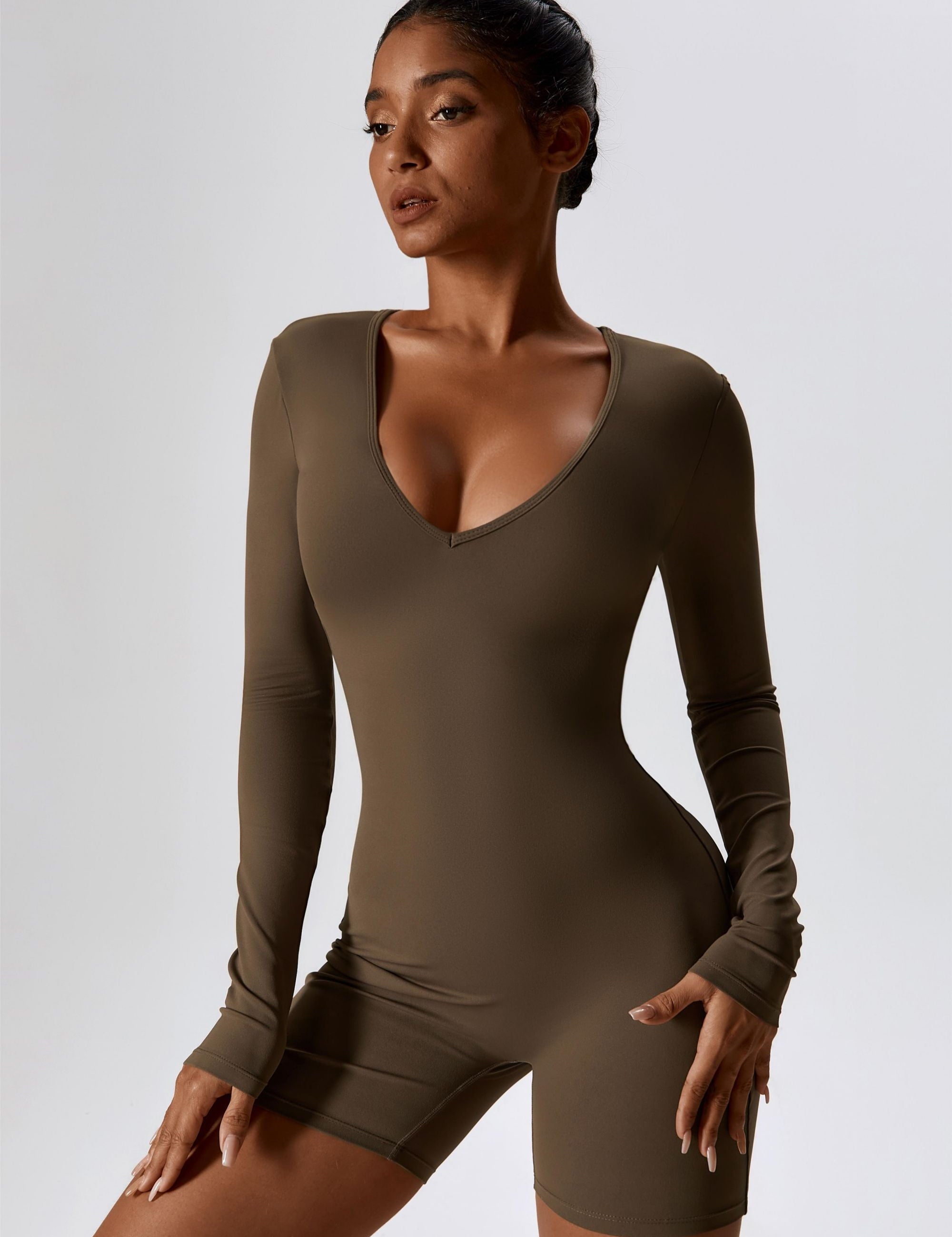 Long Sleeve Plunge Workout Romper Shorts by bornfocus