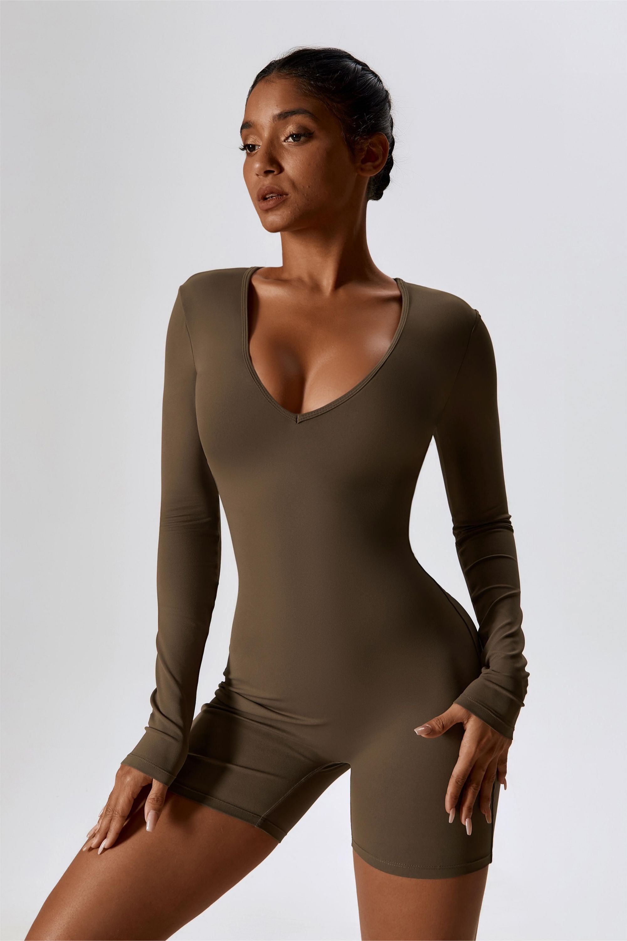 Long Sleeve Plunge Workout Romper Shorts by bornfocus