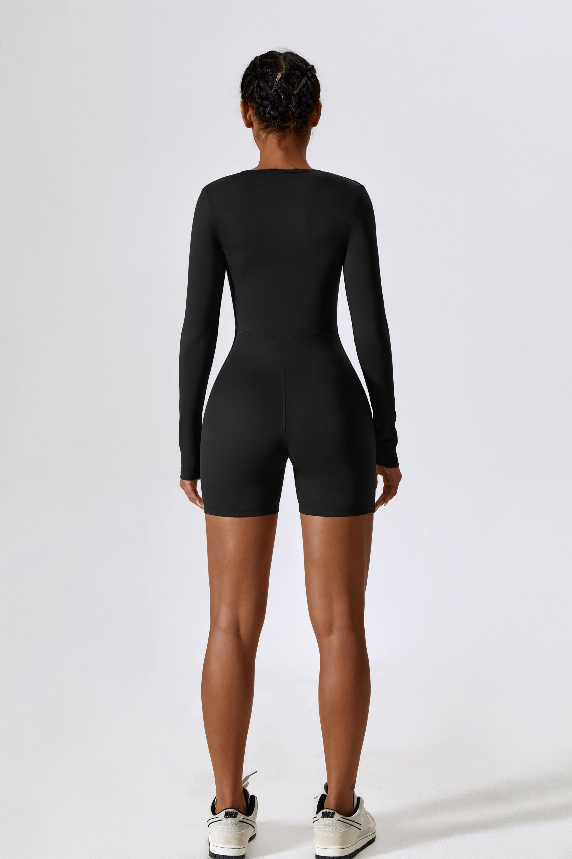 Long Sleeve Plunge Workout Romper Shorts by bornfocus