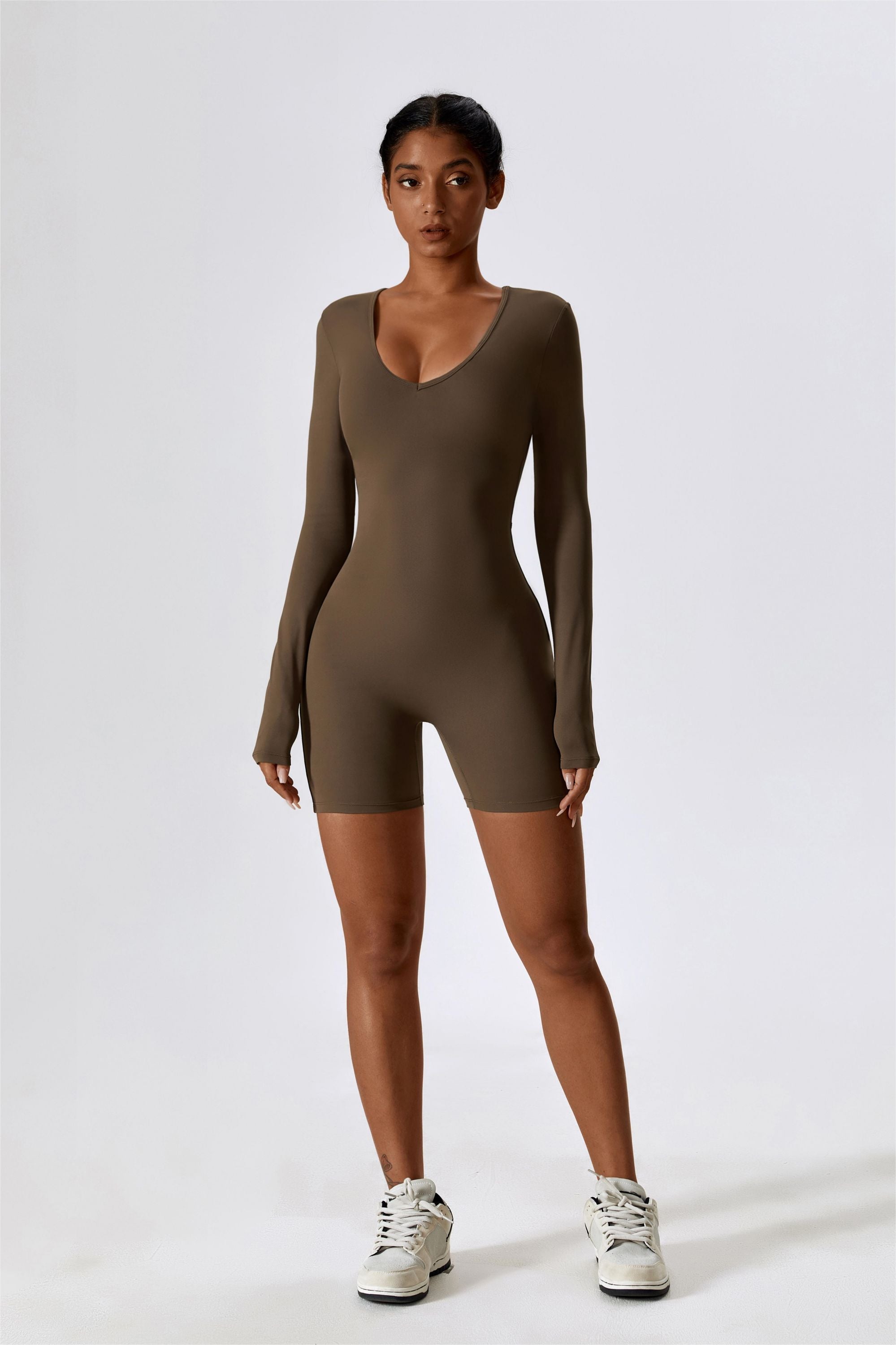 Long Sleeve Plunge Workout Romper Shorts by bornfocus