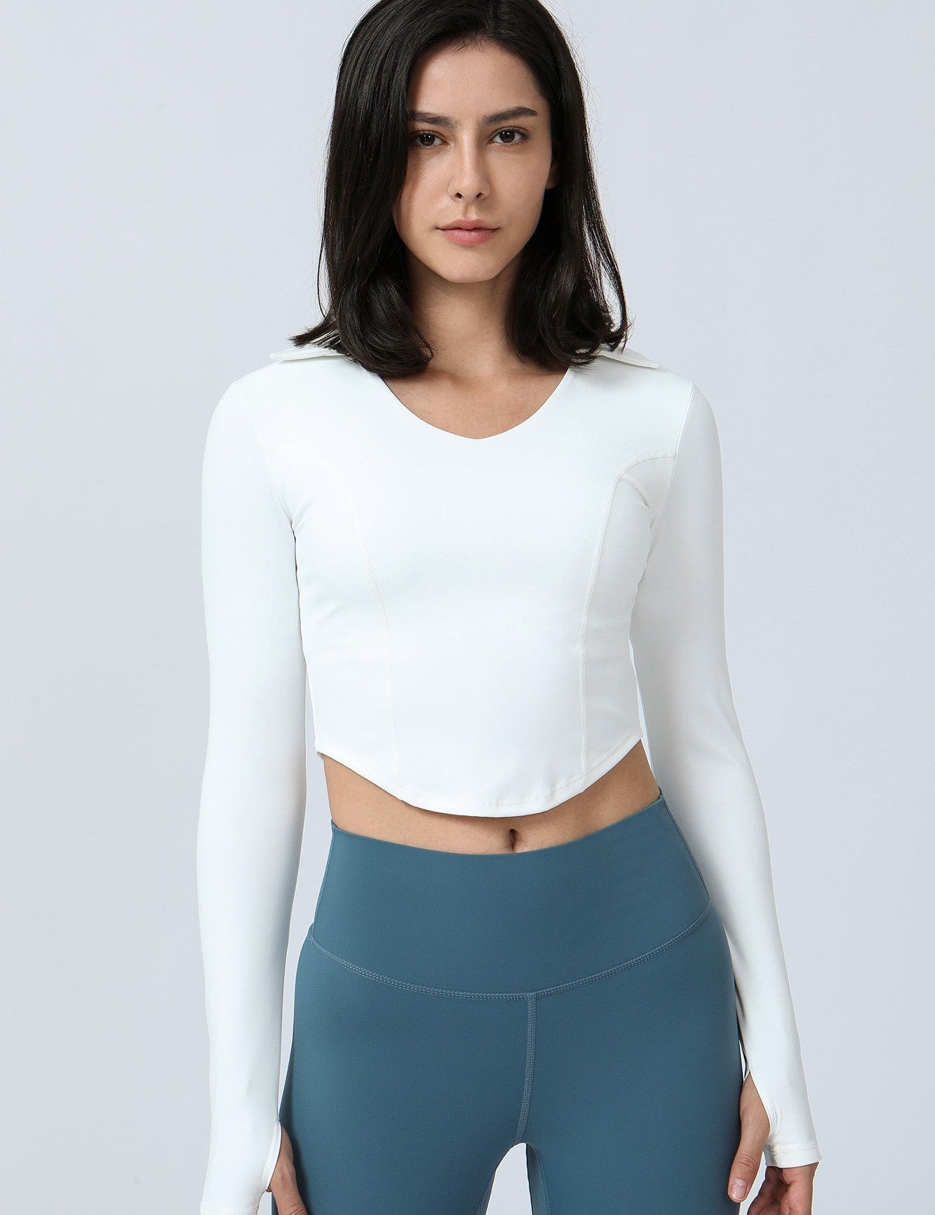 Lapel Corset Detail Long Sleeve Crop Top by bornfocus