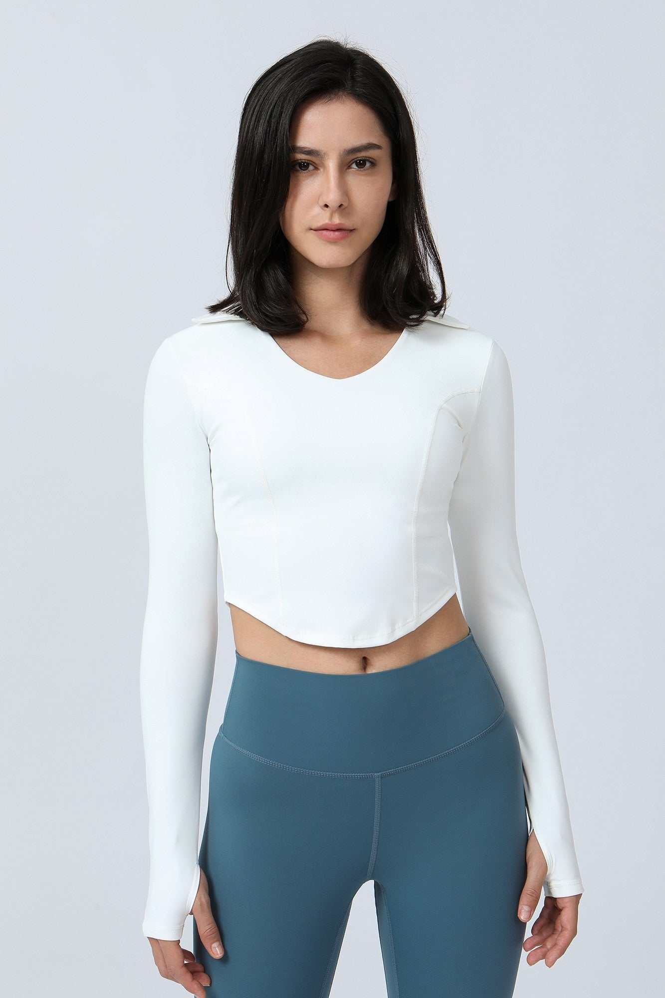 Lapel Corset Detail Long Sleeve Crop Top by bornfocus