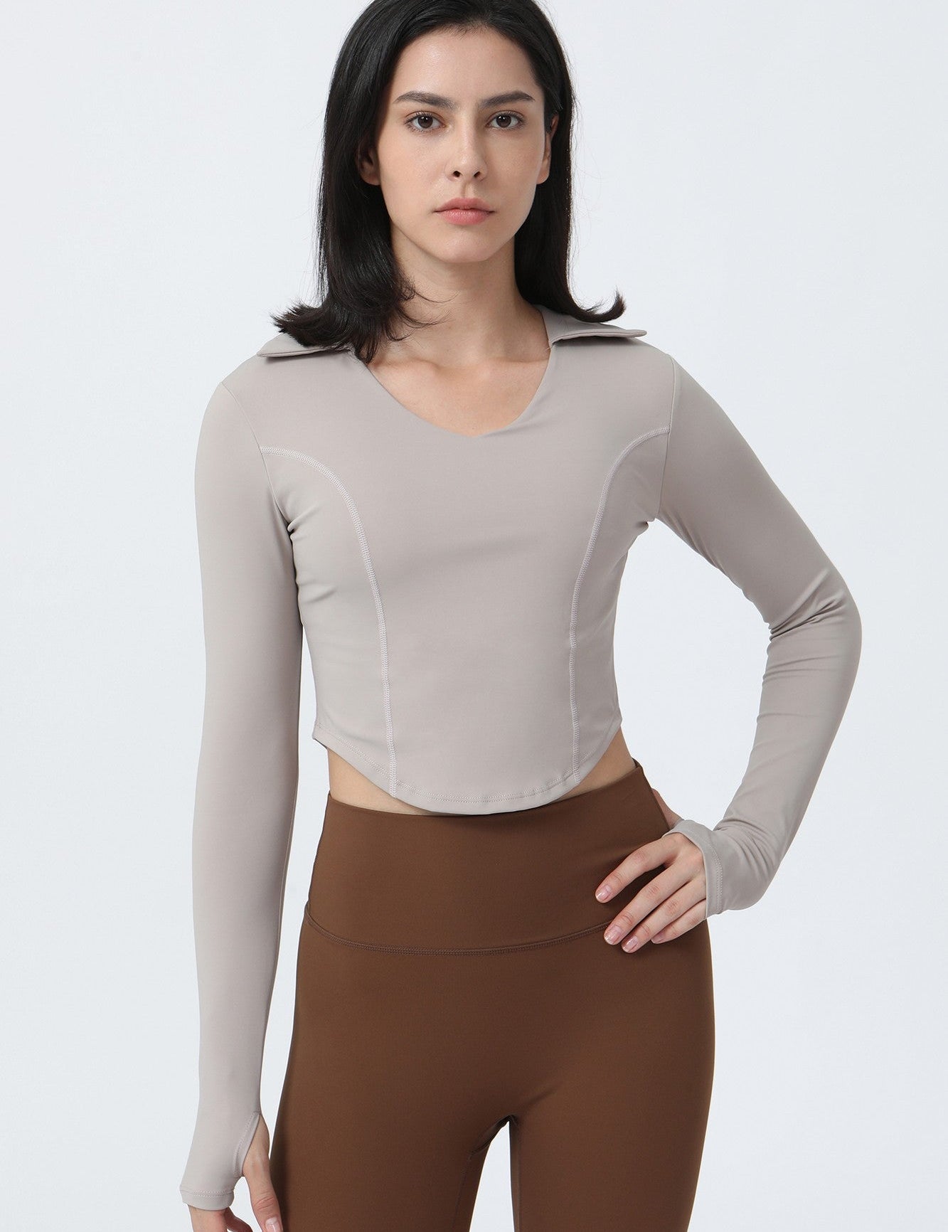 Lapel Corset Detail Long Sleeve Crop Top by bornfocus