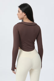 Lapel Corset Detail Long Sleeve Crop Top by bornfocus