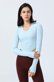 Lapel Corset Detail Long Sleeve Crop Top by bornfocus