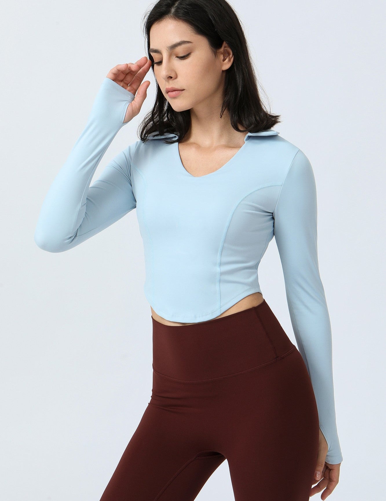 Lapel Corset Detail Long Sleeve Crop Top by bornfocus