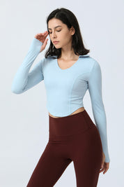 Lapel Corset Detail Long Sleeve Crop Top by bornfocus
