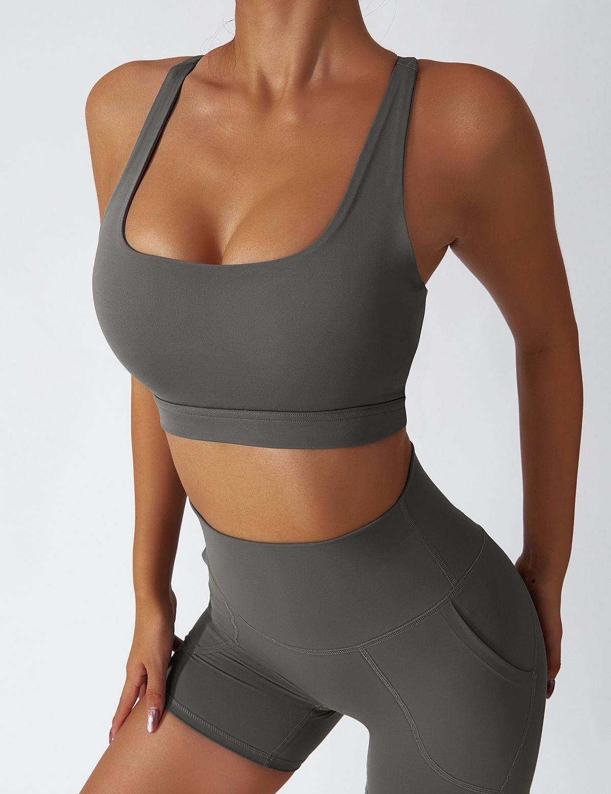 Plunge Neck Racerback Sports Bra by bornfocus