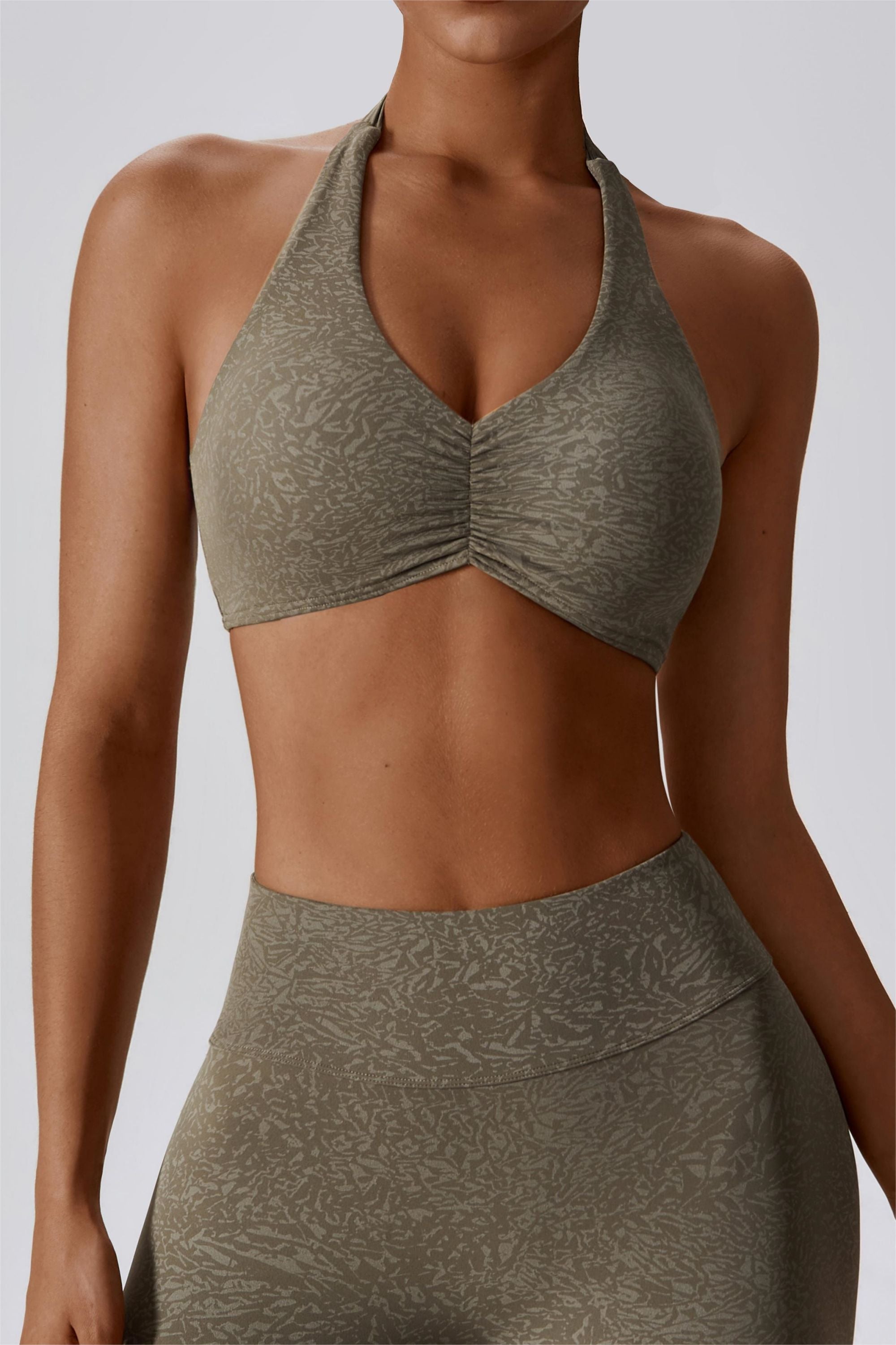 Patterned Ruched Deep-V Halter Sports Bra by bornfocus