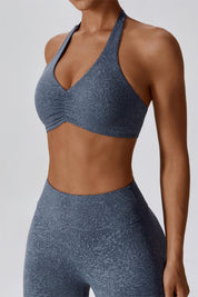 Patterned Ruched Deep-V Halter Sports Bra by bornfocus