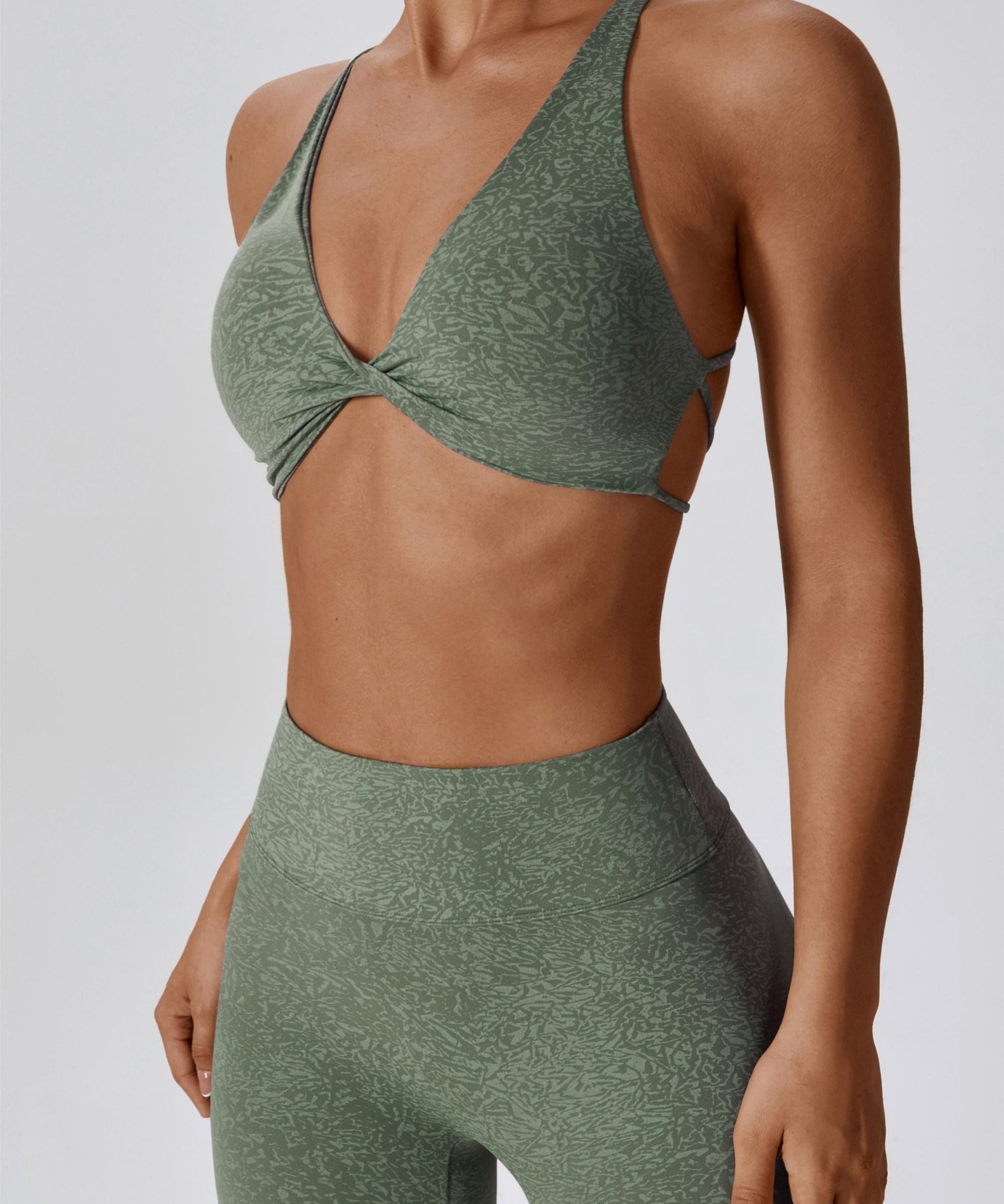 Patterned Twist Deep-V Strappy Sports Bra by bornfocus