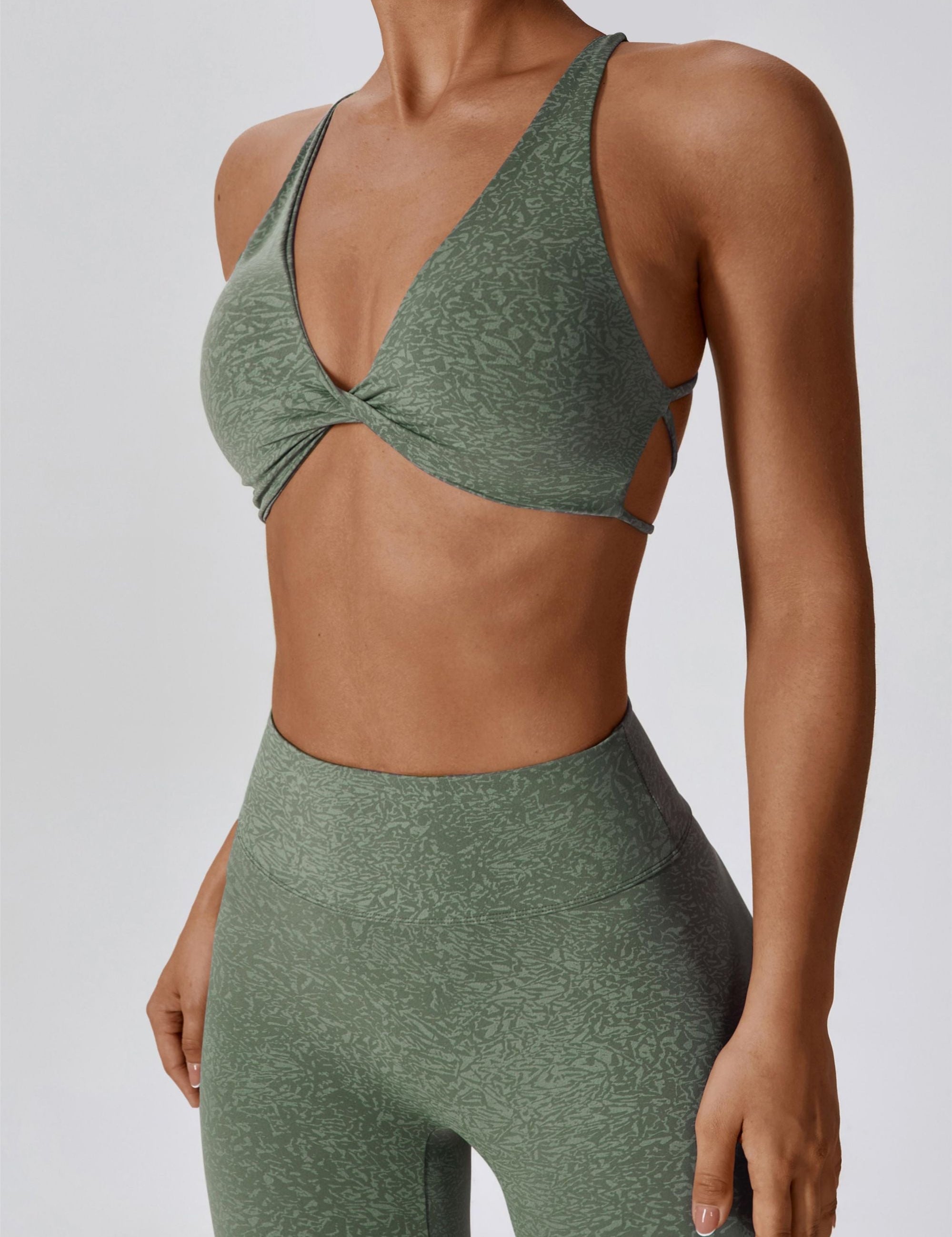 Patterned Twist Deep-V Strappy Sports Bra by bornfocus