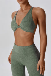 Patterned Twist Deep-V Strappy Sports Bra by bornfocus