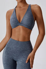 Patterned Twist Deep-V Strappy Sports Bra by bornfocus