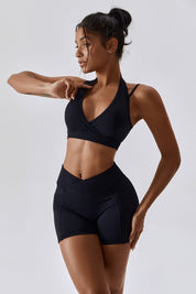 Plunge Neck Wrap Over Sports Bra by bornfocus