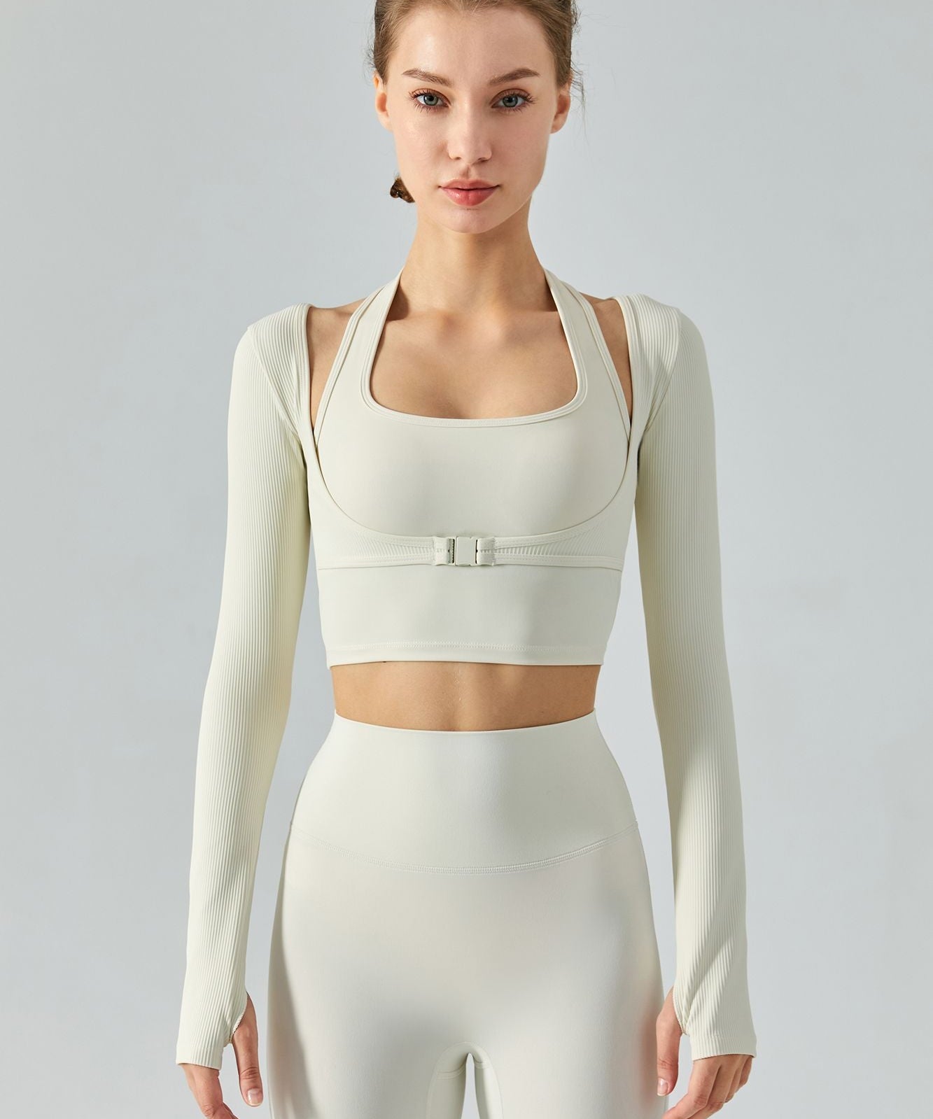 Ribbed Buckle Long Sleeve Halter 2 Piece Crop Top by bornfocus