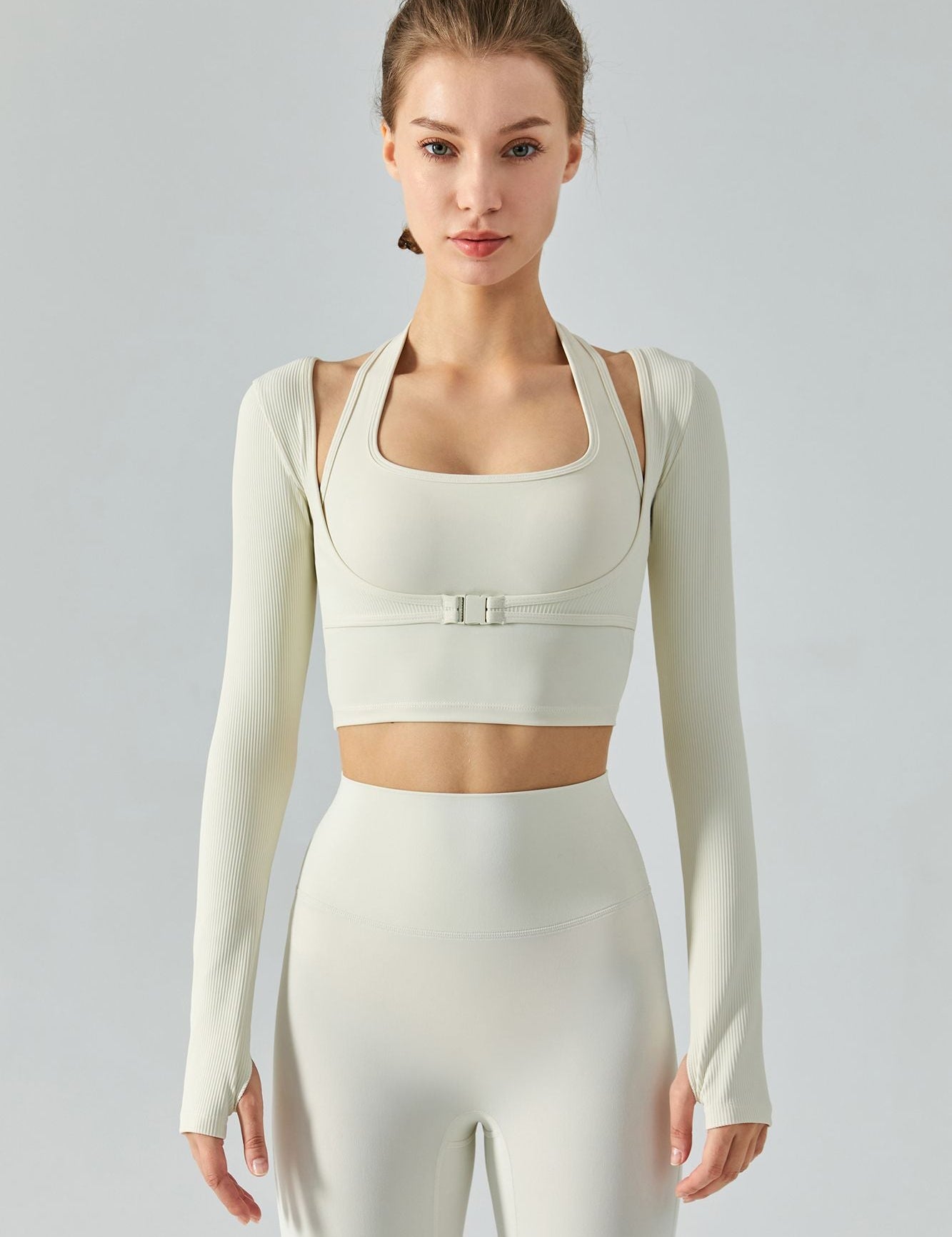 Ribbed Buckle Long Sleeve Halter 2 Piece Crop Top by bornfocus