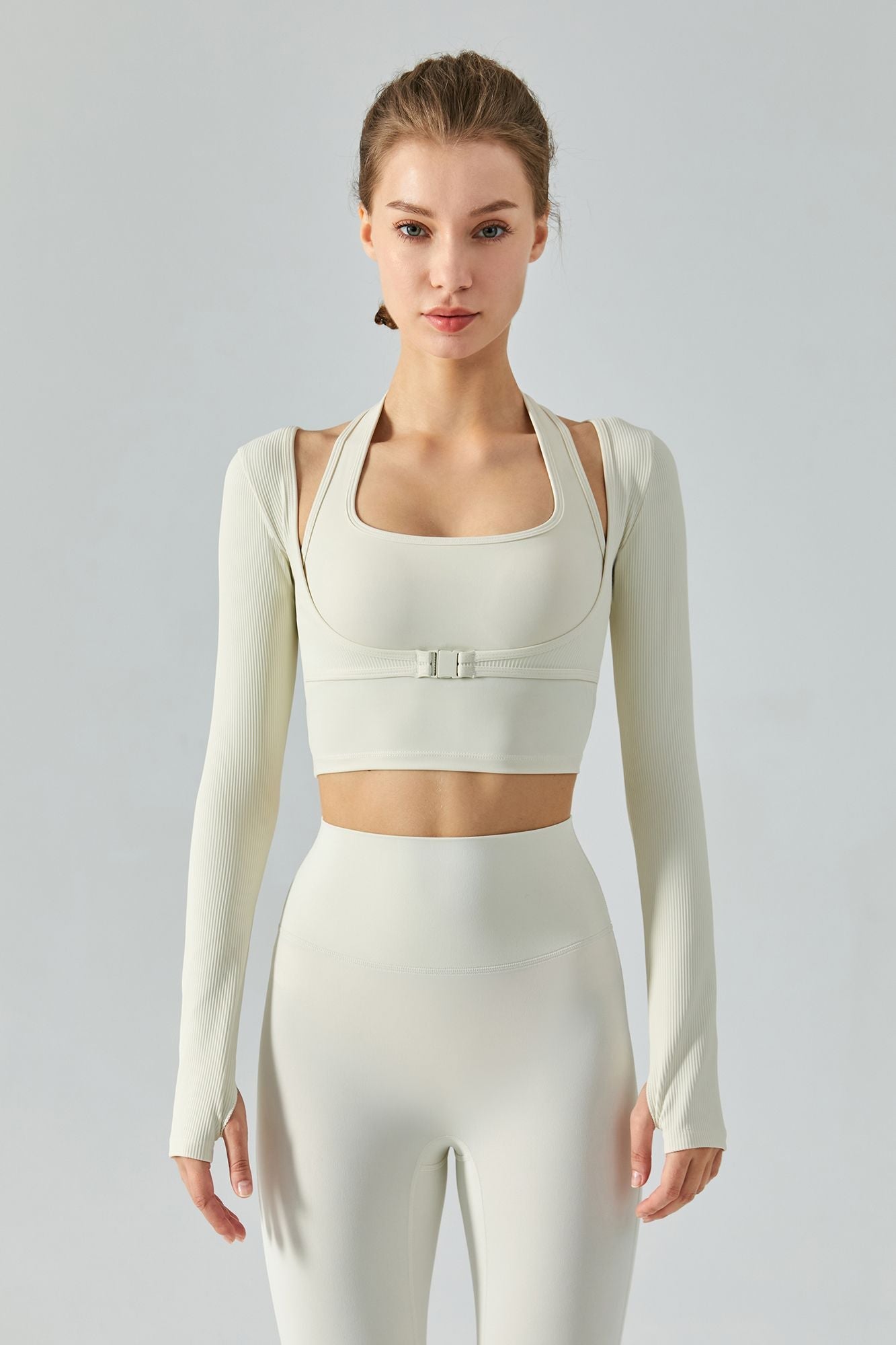 Ribbed Buckle Long Sleeve Halter 2 Piece Crop Top by bornfocus