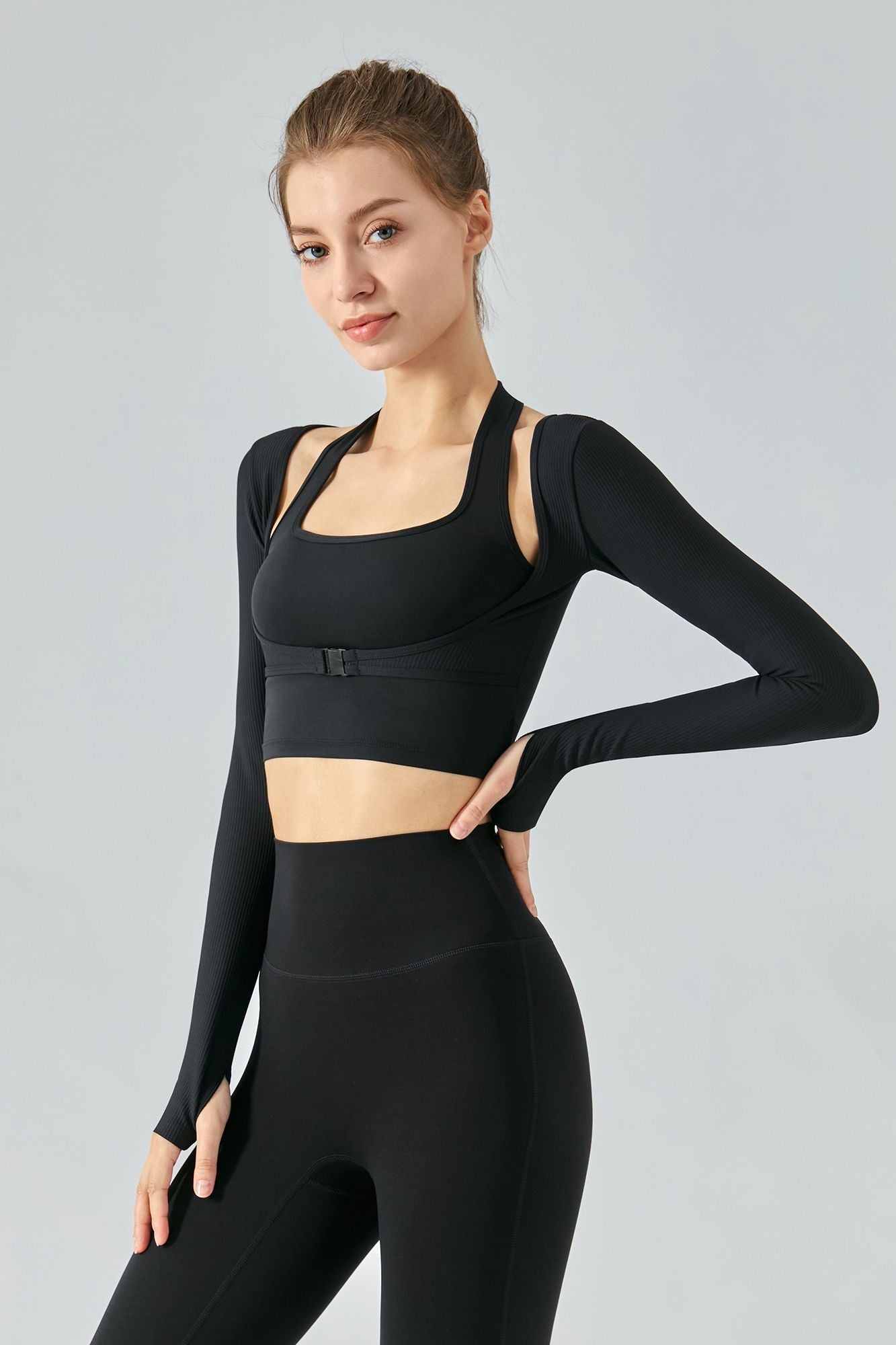 Ribbed Buckle Long Sleeve Halter 2 Piece Crop Top by bornfocus