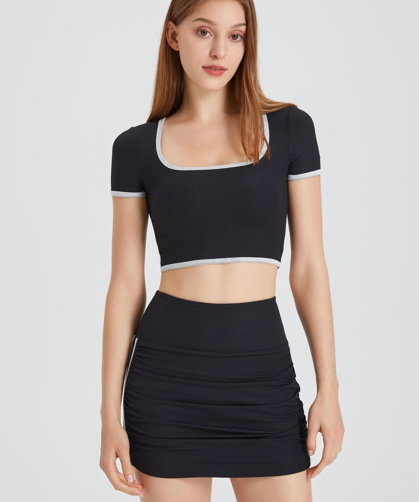 Ribbed Contrast Trim Crop Top with Built-In Bra by bornfocus