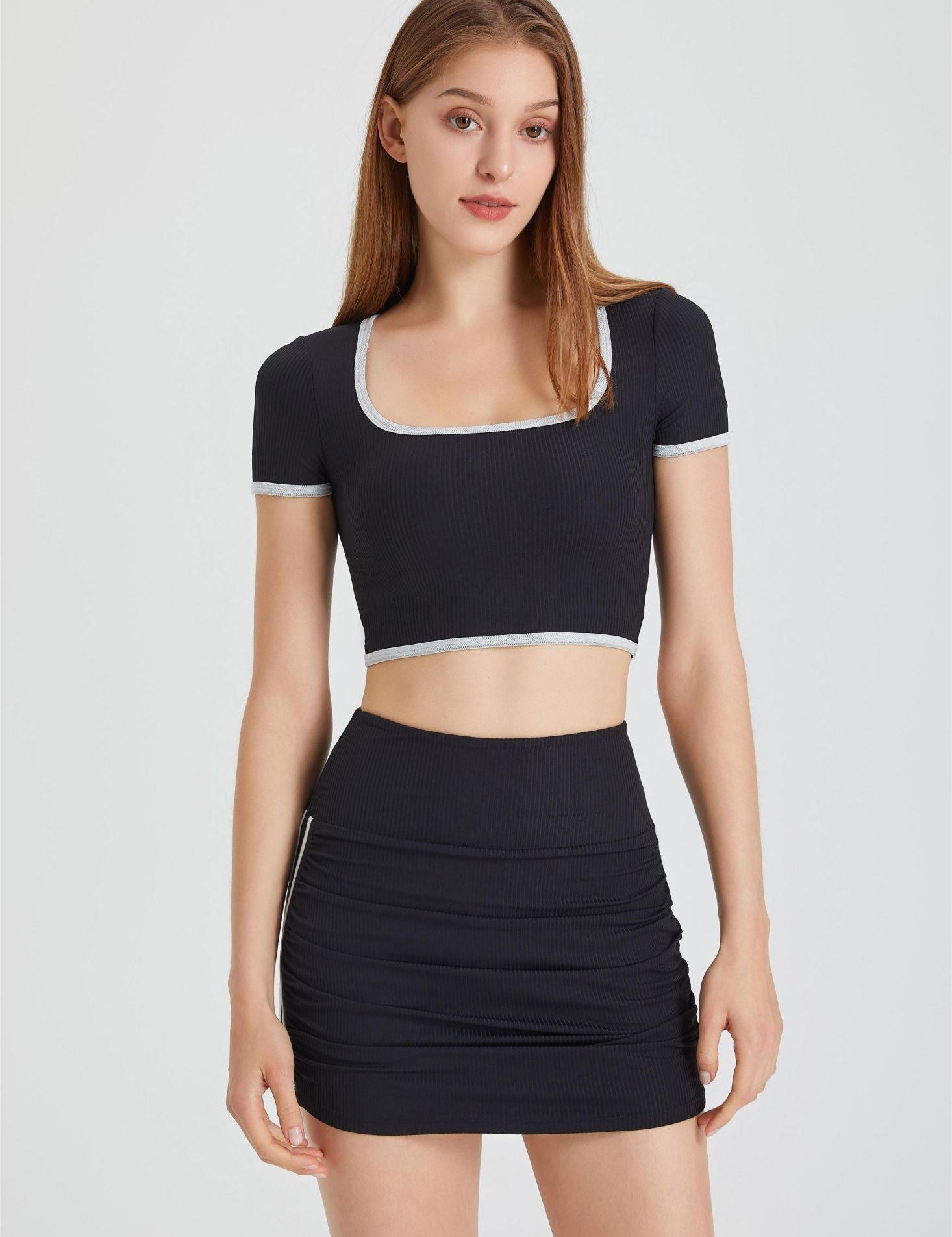 Ribbed Contrast Trim Crop Top with Built-In Bra by bornfocus