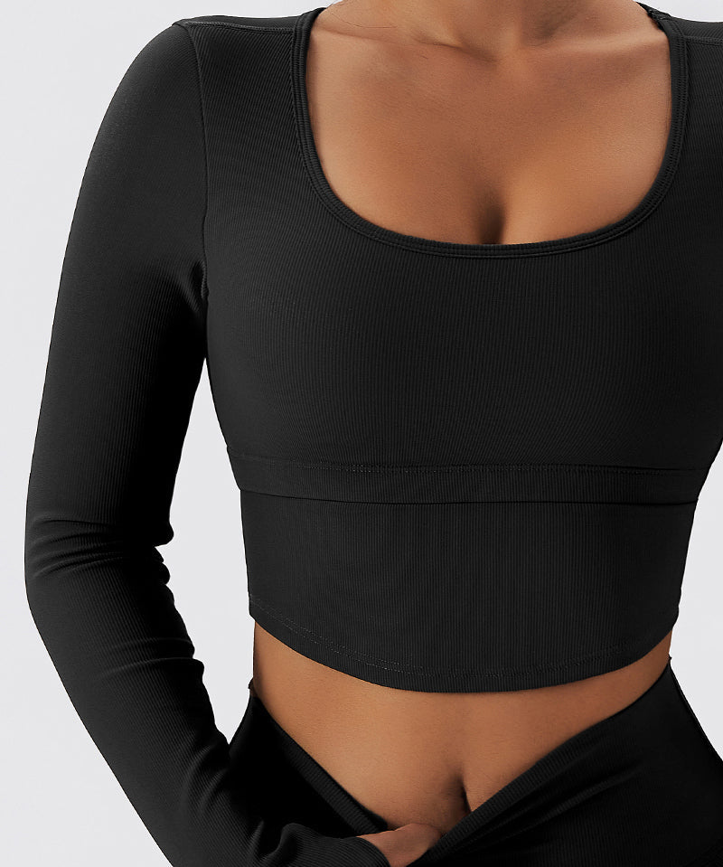 Ribbed Crop Long Sleeve Top with Built-in Bra by bornfocus