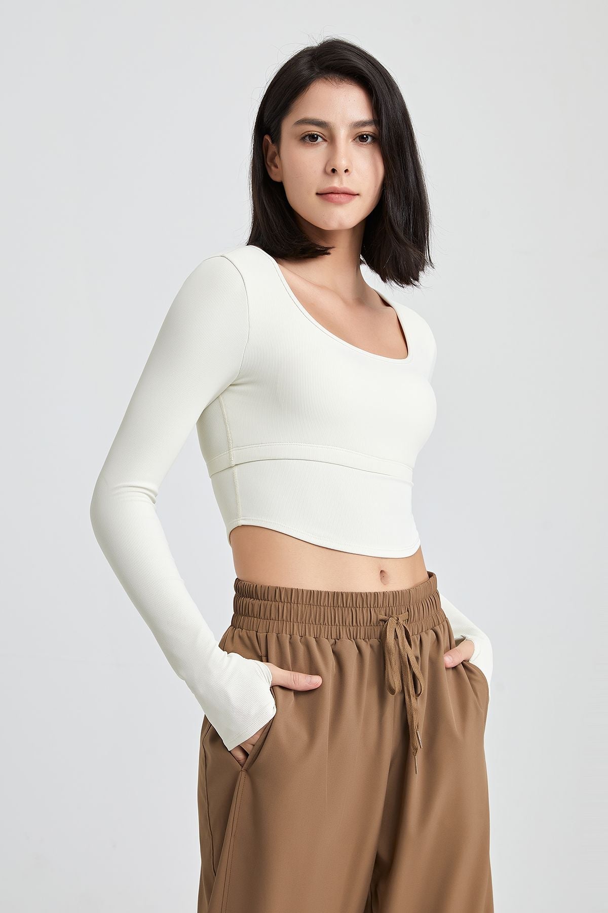 Ribbed Long Sleeve Crop Shirts with Built In Bra by bornfocus