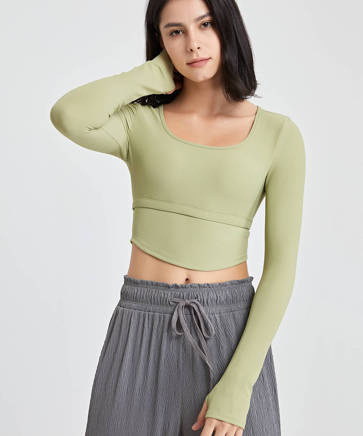 Ribbed Long Sleeve Crop Shirts with Built In Bra by bornfocus