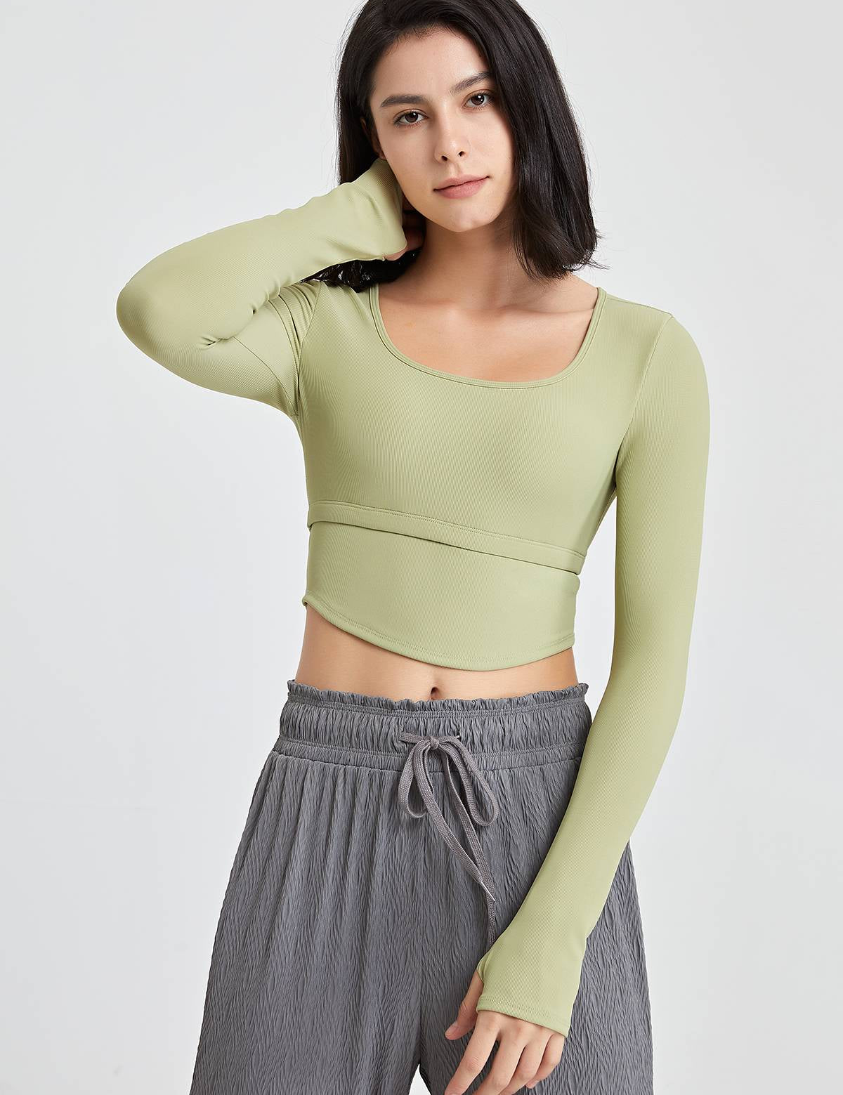 Ribbed Long Sleeve Crop Shirts with Built In Bra by bornfocus