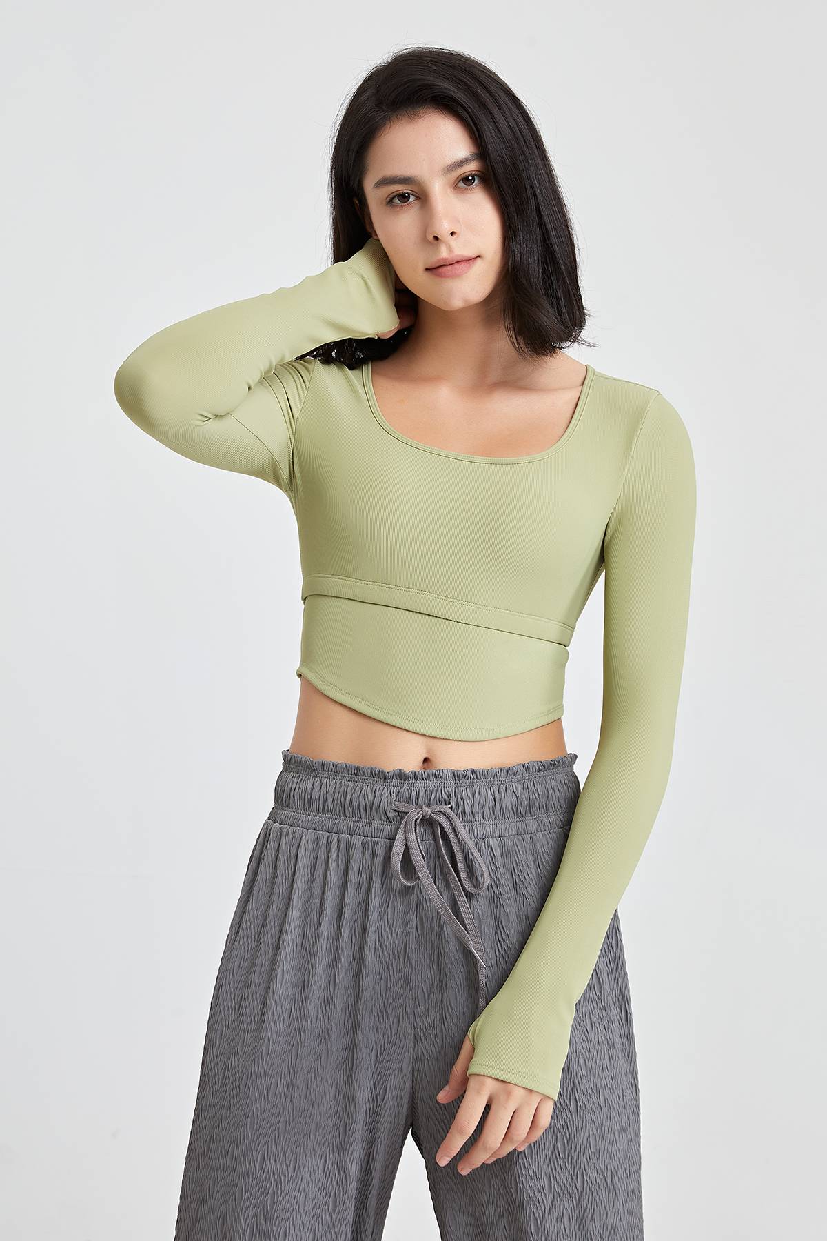 Ribbed Long Sleeve Crop Shirts with Built In Bra by bornfocus