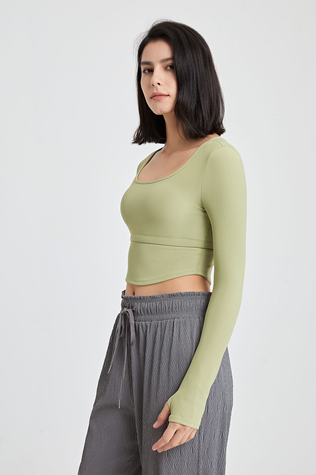 Ribbed Long Sleeve Crop Shirts with Built In Bra by bornfocus