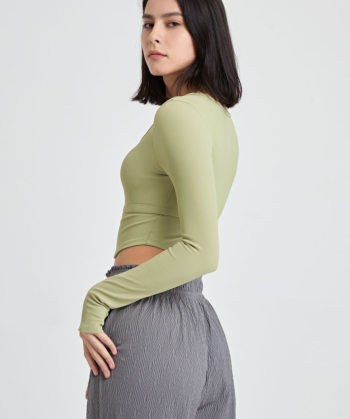 Ribbed Long Sleeve Crop Shirts with Built In Bra by bornfocus