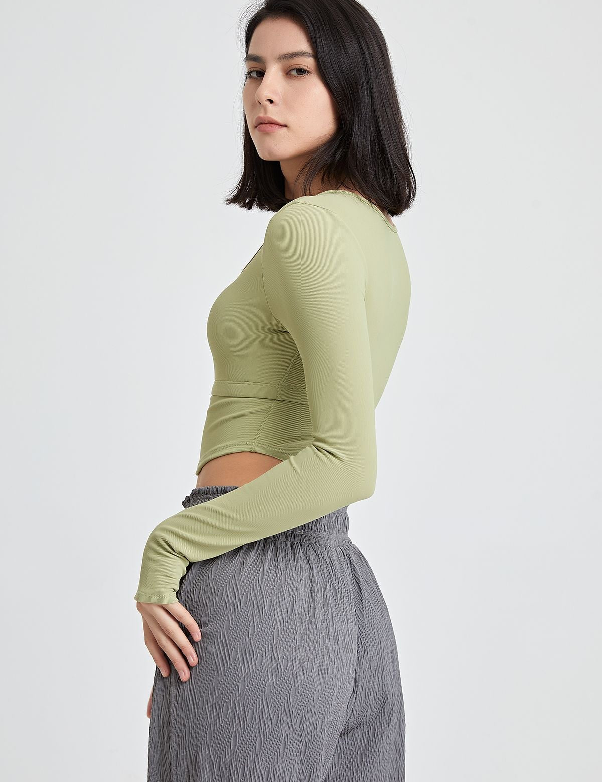 Ribbed Long Sleeve Crop Shirts with Built In Bra by bornfocus