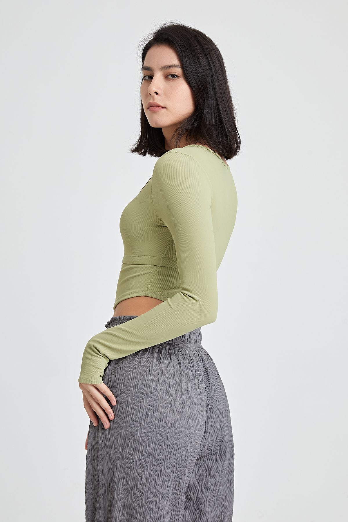 Ribbed Long Sleeve Crop Shirts with Built In Bra by bornfocus