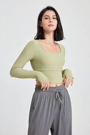 Ribbed Long Sleeve Crop Shirts with Built In Bra by bornfocus