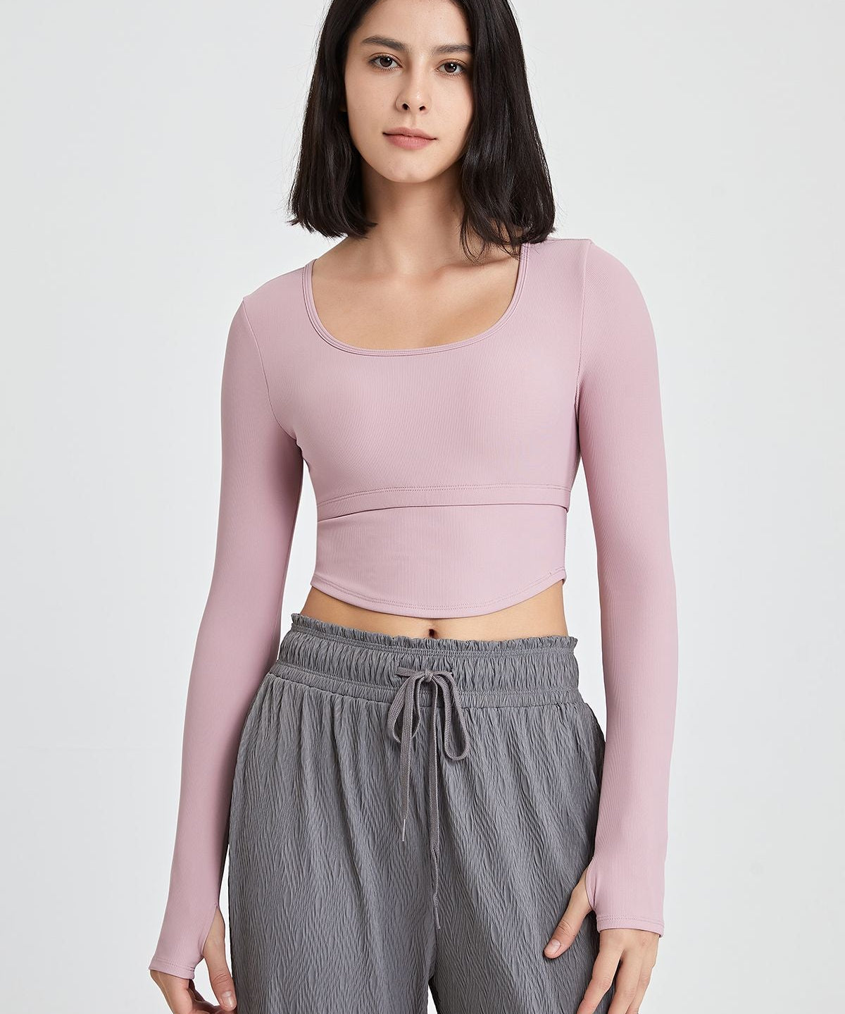 Ribbed Long Sleeve Crop Shirts with Built In Bra by bornfocus