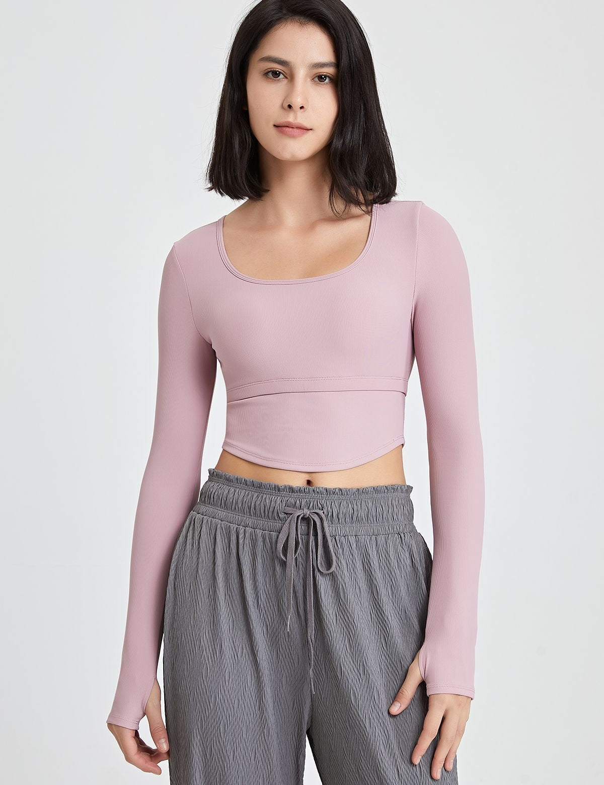 Ribbed Long Sleeve Crop Shirts with Built In Bra by bornfocus