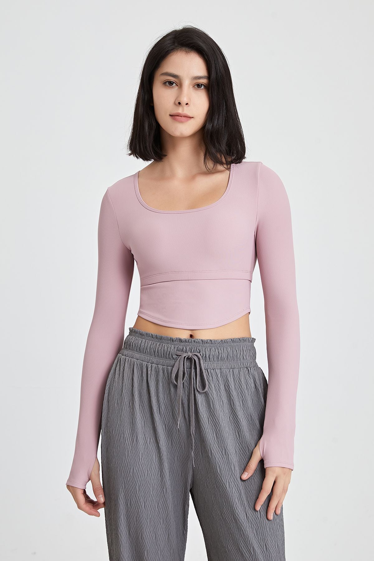 Ribbed Long Sleeve Crop Shirts with Built In Bra by bornfocus