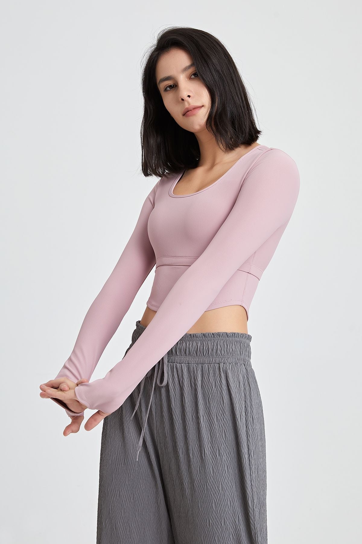 Ribbed Long Sleeve Crop Shirts with Built In Bra by bornfocus