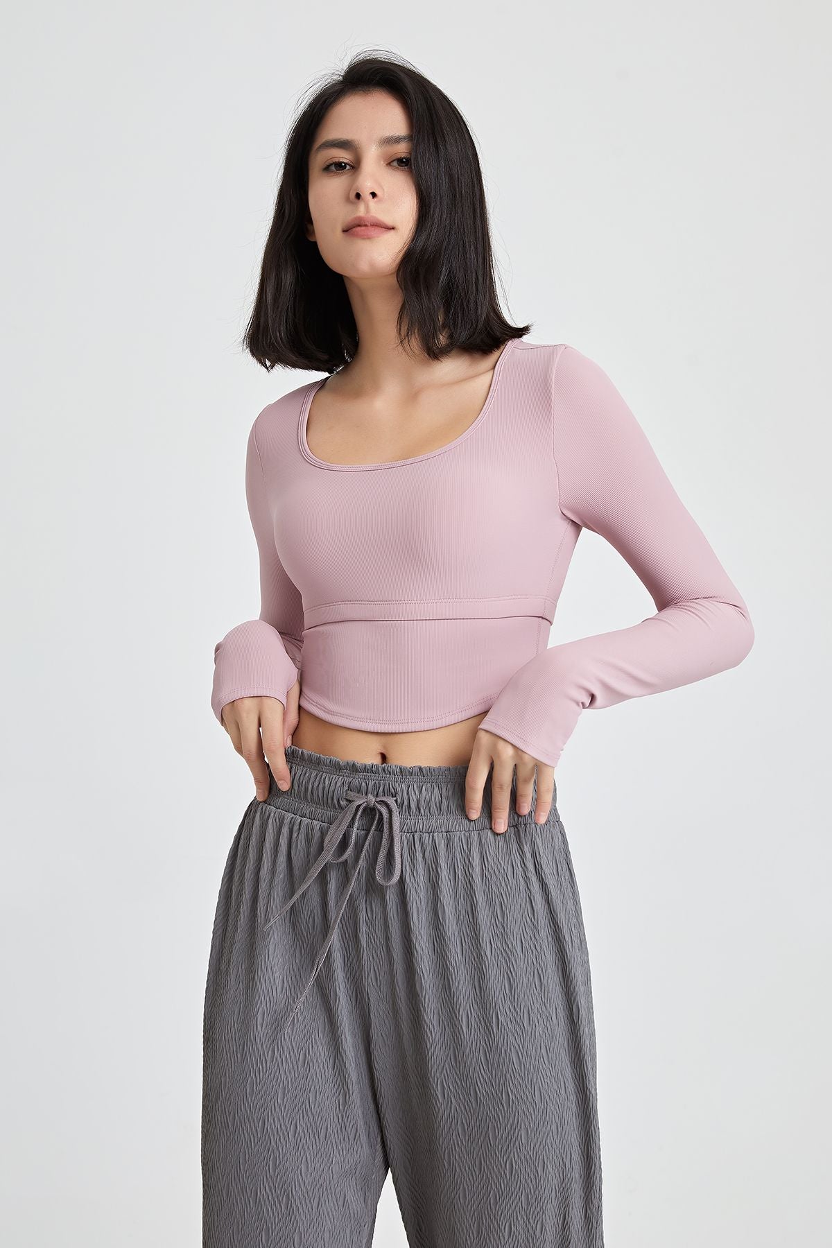 Ribbed Long Sleeve Crop Shirts with Built In Bra by bornfocus