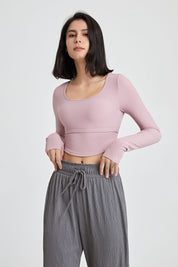 Ribbed Long Sleeve Crop Shirts with Built In Bra by bornfocus