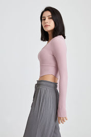 Ribbed Long Sleeve Crop Shirts with Built In Bra by bornfocus