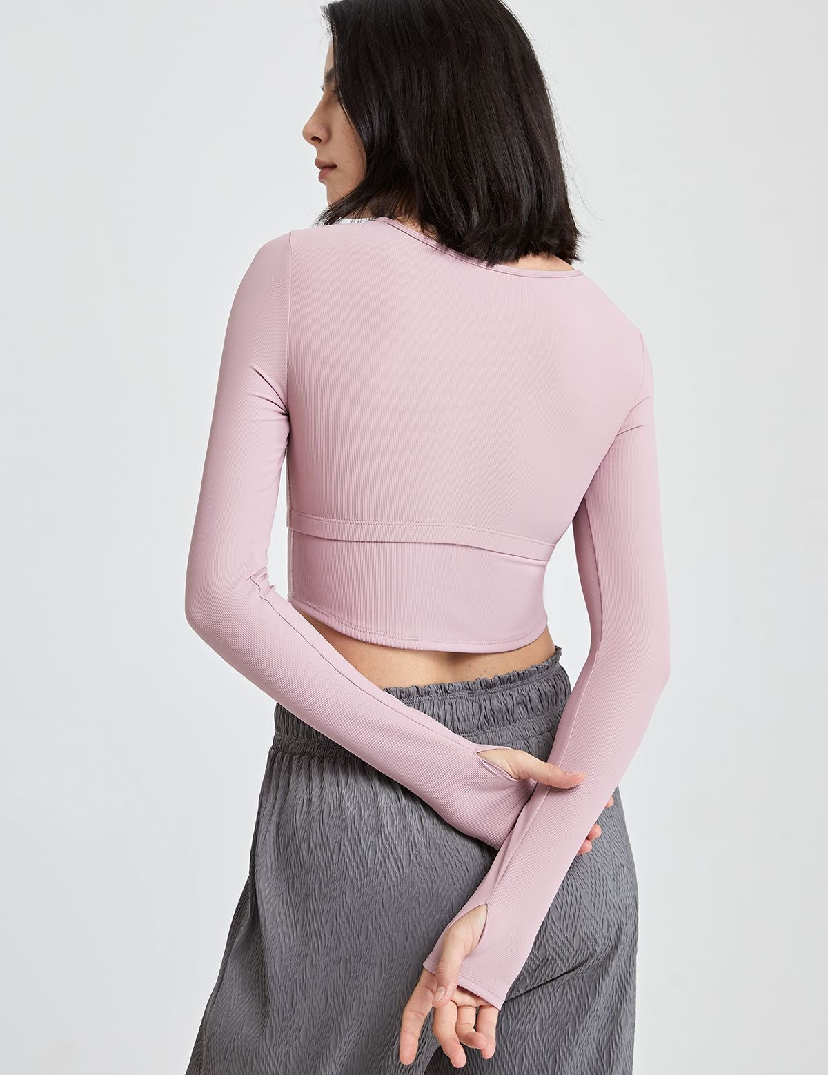 Ribbed Long Sleeve Crop Shirts with Built In Bra by bornfocus