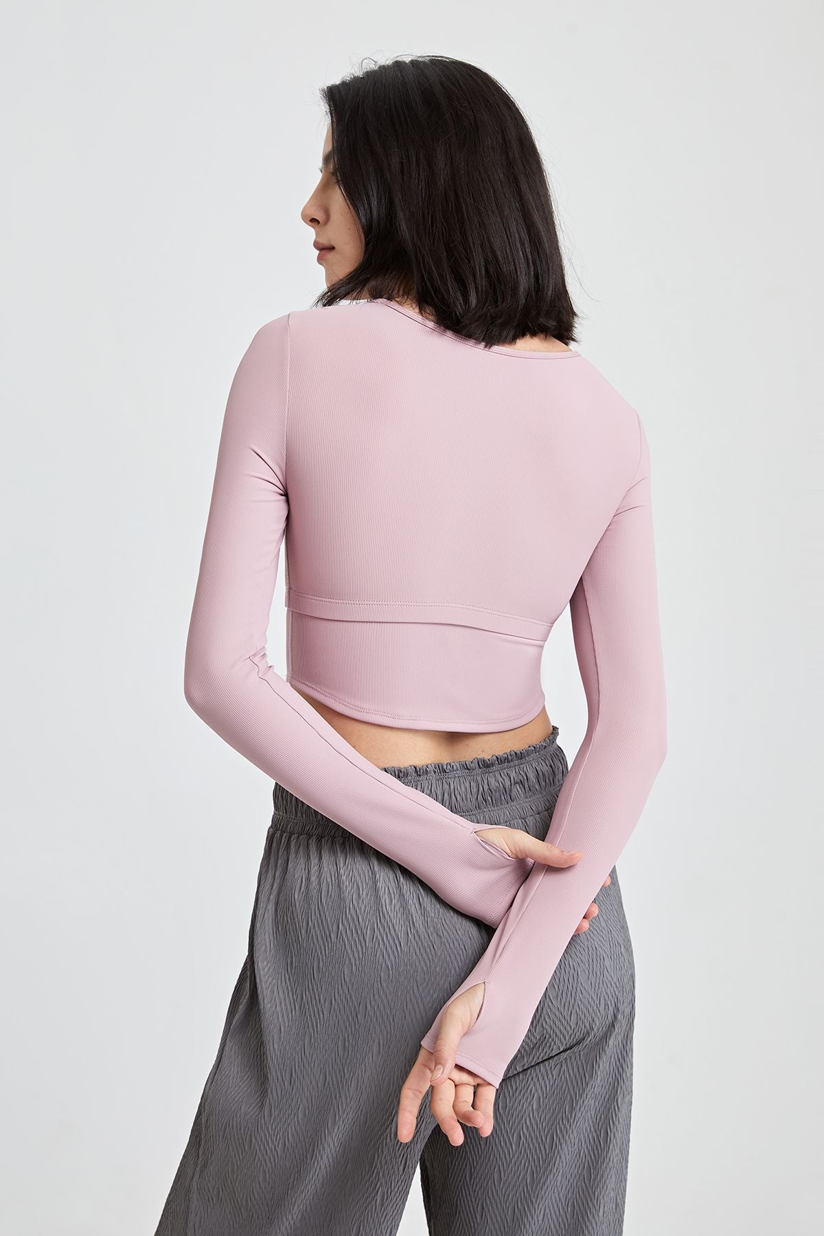 Ribbed Long Sleeve Crop Shirts with Built In Bra by bornfocus