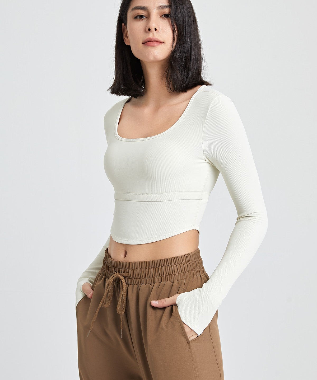 Ribbed Long Sleeve Crop Shirts with Built In Bra by bornfocus