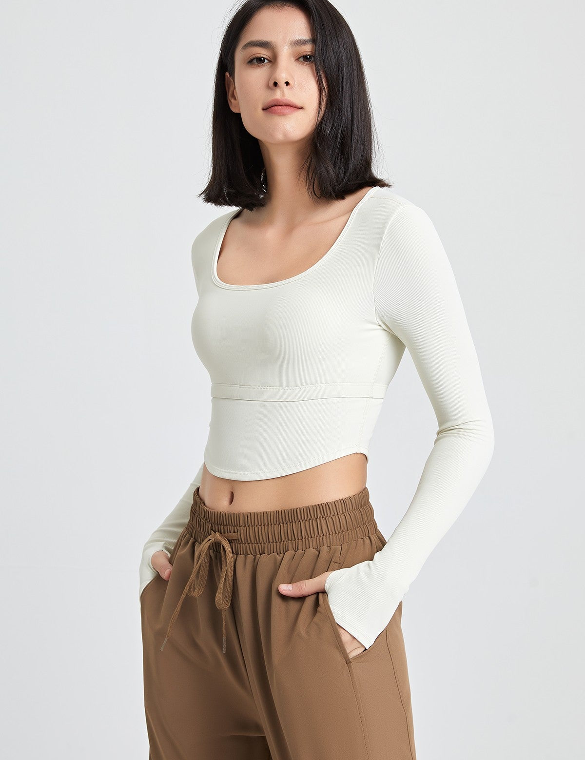 Ribbed Long Sleeve Crop Shirts with Built In Bra by bornfocus