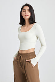 Ribbed Long Sleeve Crop Shirts with Built In Bra by bornfocus