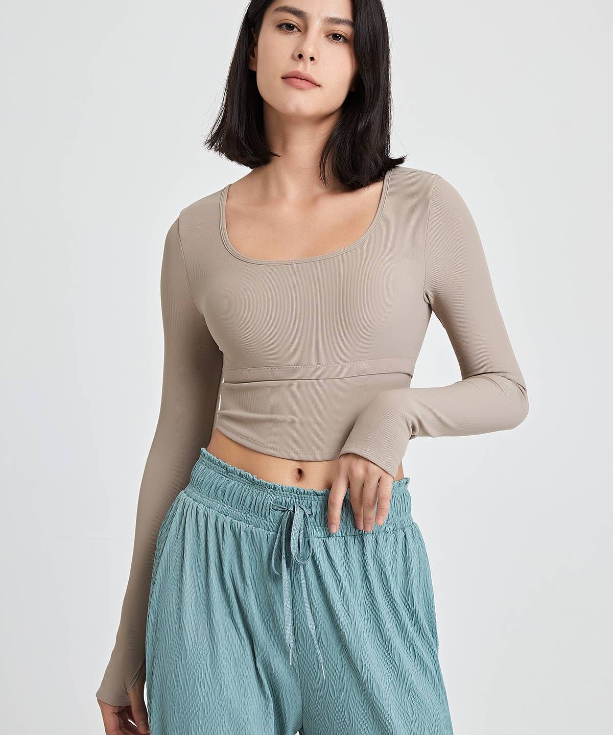 Ribbed Long Sleeve Crop Shirts with Built In Bra by bornfocus